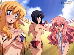moe 36188 bikini breast_hold cleavage elf hiyamizu_yukie louise naked siesta swimsuits tiffania topless undressing zero_no_tsukaima